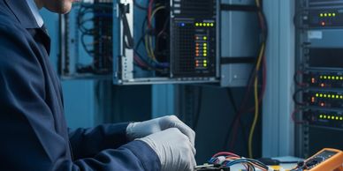Technician repairing a computer motherboard in a server room.