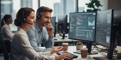 Two colleagues wearing headsets collaborate at dual monitors in a modern office.