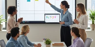 Team meeting with woman presenting sticky notes on a digital Kanban board.