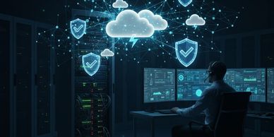 IT professional monitoring cloud security with multiple screens and servers.