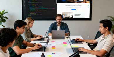 Team of six collaborating on laptops in a modern conference room with coding and project details on a large screen.