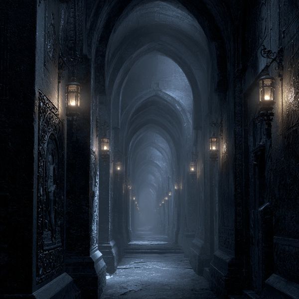 A hyper-realistic, haunting scene of a dark, ancient castle hallway.