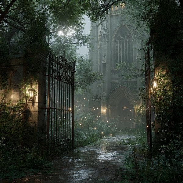 An open iron gate outside an ancient castle.