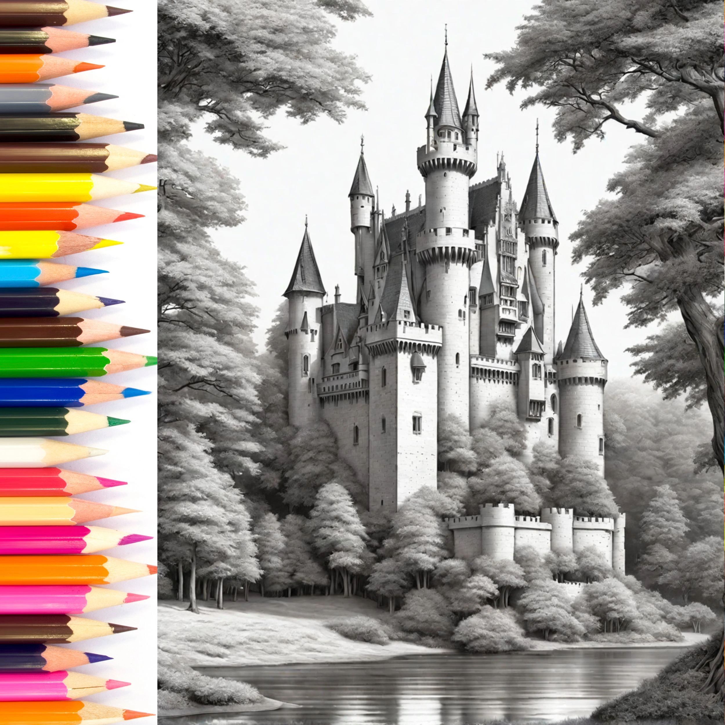Castle illustration for Gothic horror website coloring pages.