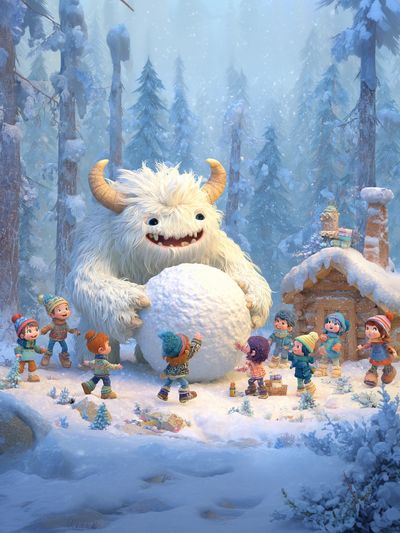 A friendly Yeti plays with the local children, high in the snow-covered mountains.
