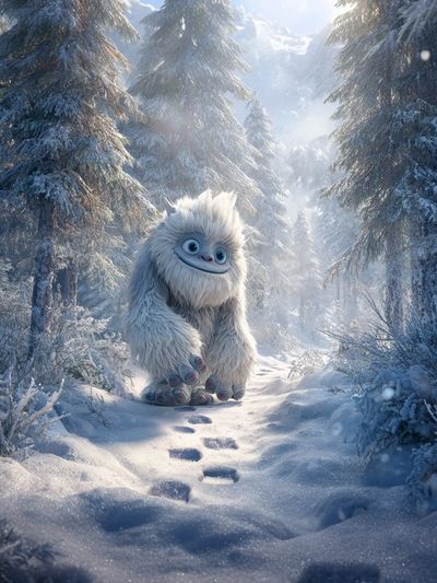 A friendly Yeti plays high in the snow-covered mountains.
