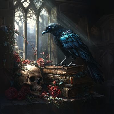 Raven on Gothic books with skulls, roses, and dark arches.