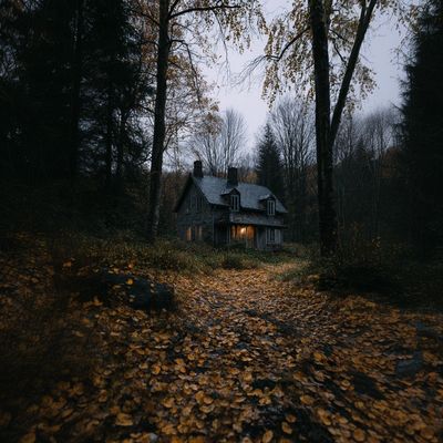 An isolated house stands silent, surrounded by shadowy woods.