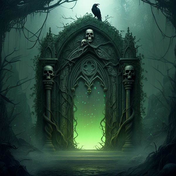 A haunting gothic portal surrounded by darkness and mystery, glowing with a supernatural light.