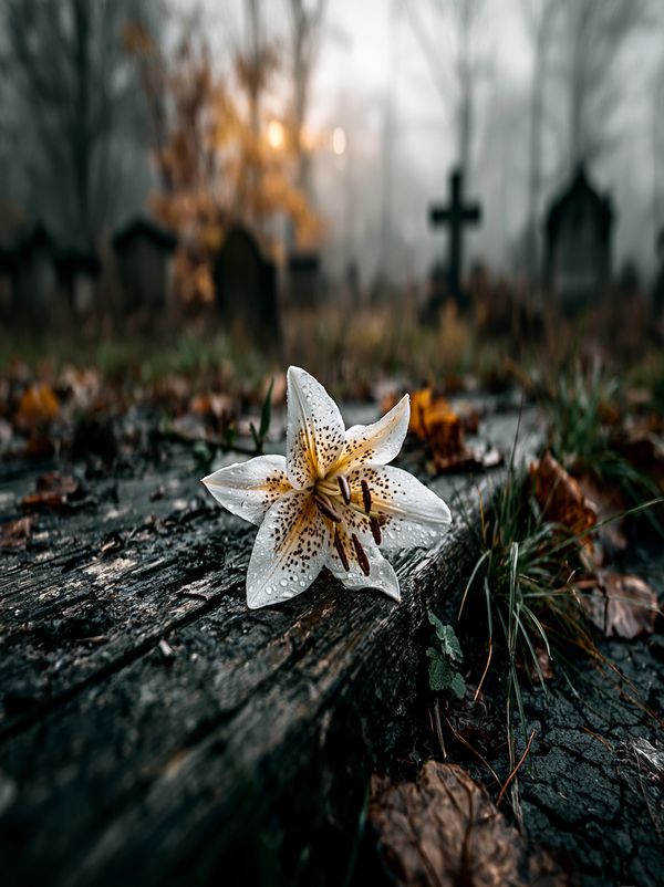 A gothic graveyard scene featuring a single white lily resting on an old gravestone.