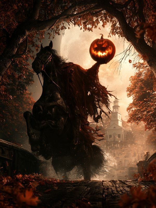 A headless horseman reins in his black horse at the edge of a rotting wooden bridge. 