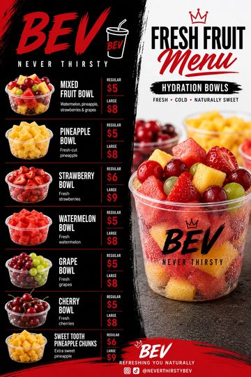 Colorful fresh fruit hydration bowls offered by BEV with various fruit options and prices.