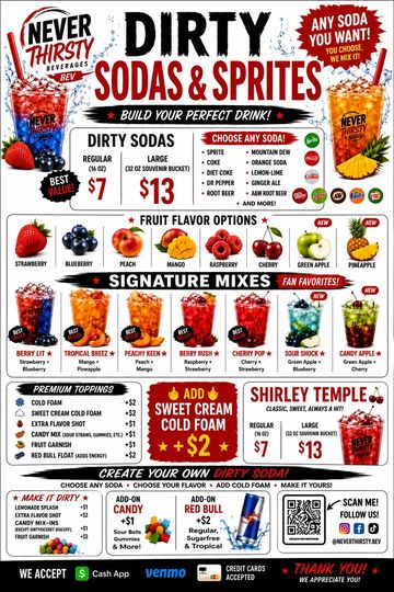 Build your perfect dirty soda with customizable flavors, toppings, and mixes.