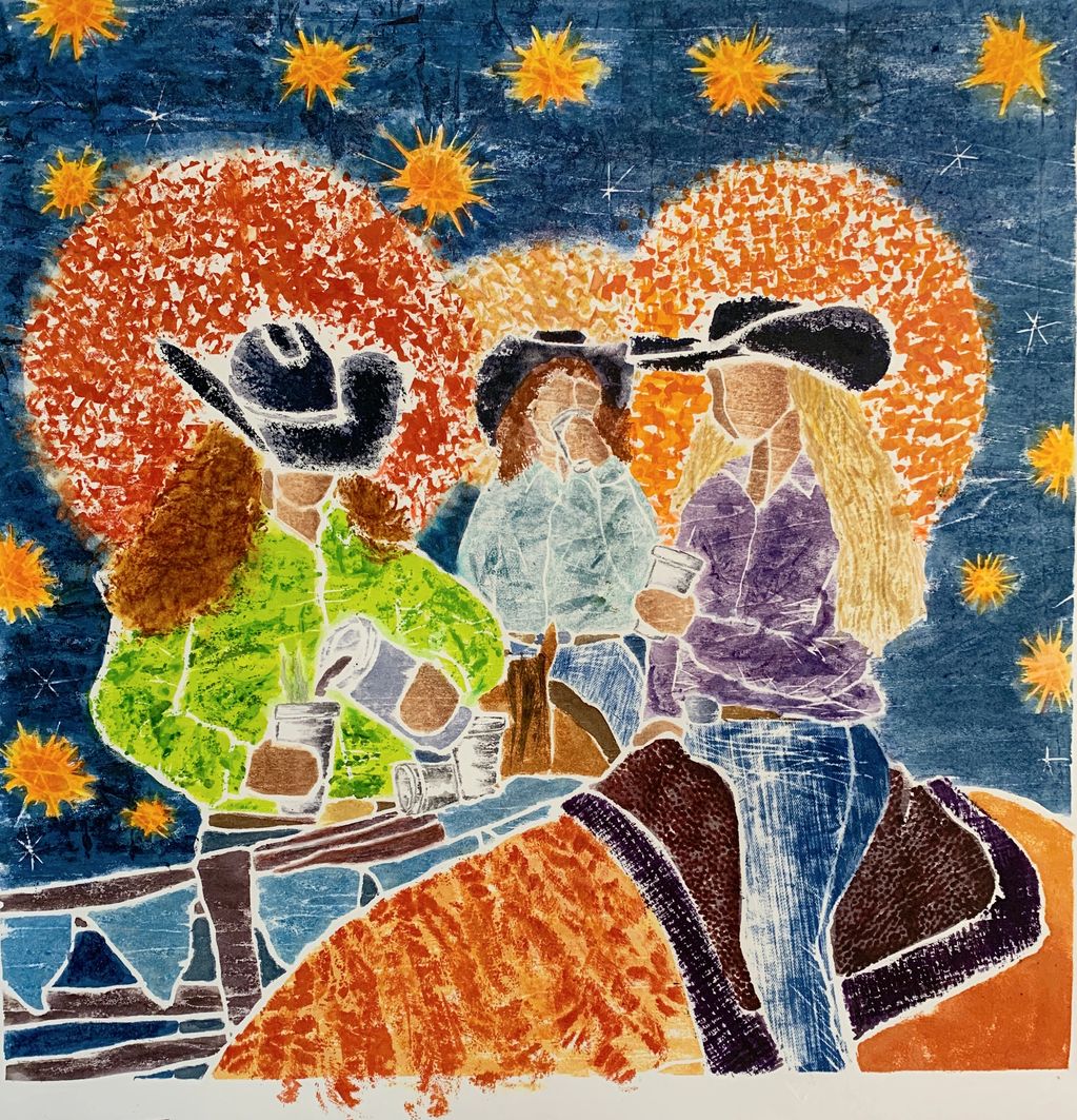 cowgirls gather for warmth and comfort and hot coffee