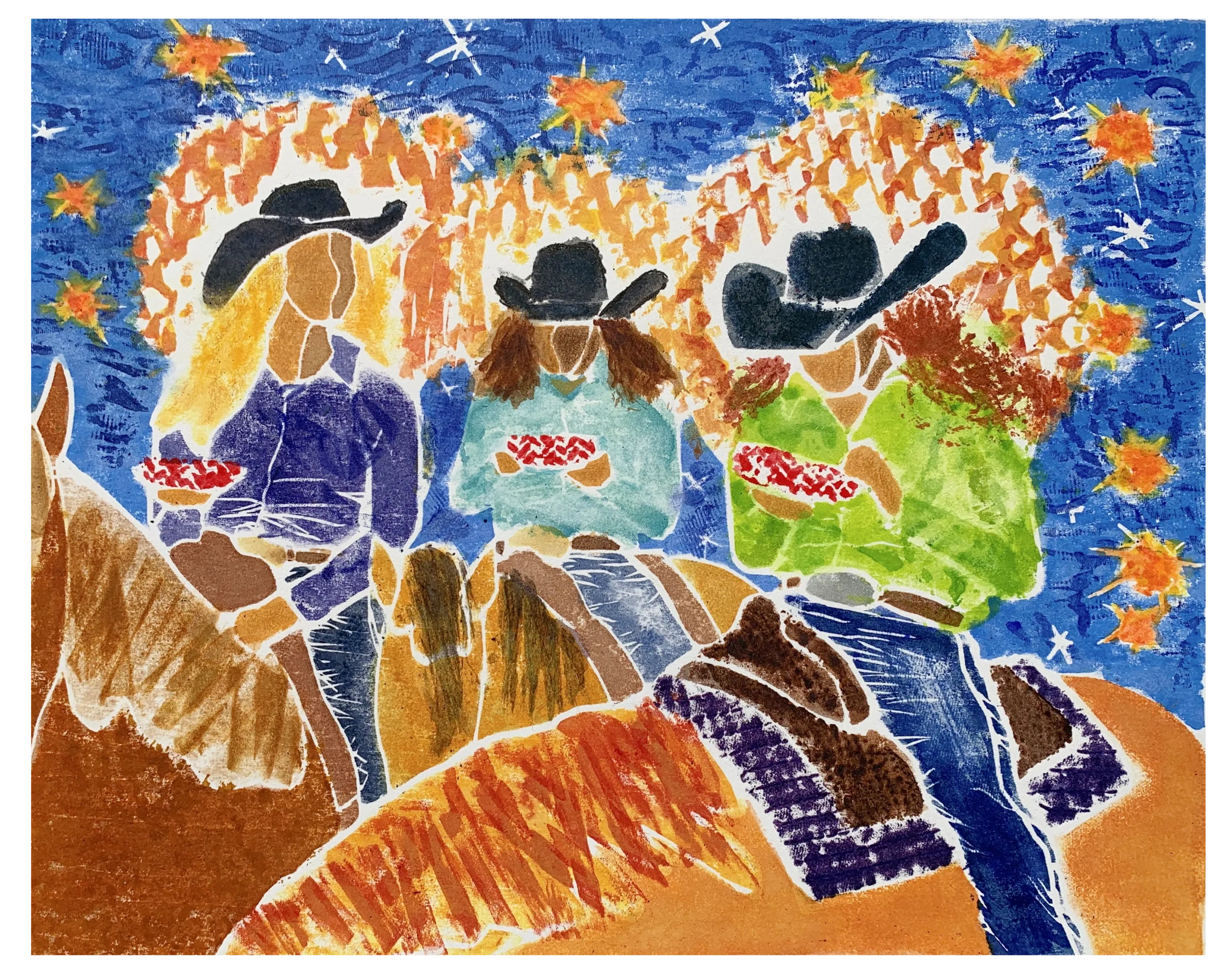 Three cowgirls, with halos, eating frito pie, against a brilliant blue sky.