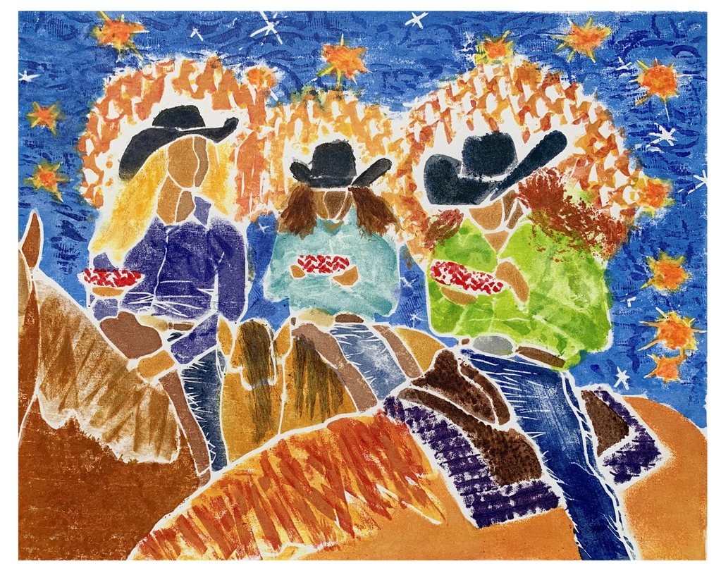 Three cowgirls, with halos, eating frito pie, against a brilliant blue sky.