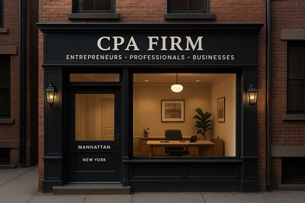 CPA firm storefront in Manhattan serving entrepreneurs, professionals, and businesses.