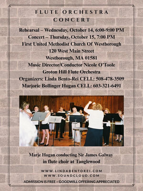 Flute orchestra concert announcement with rehearsal and concert details.