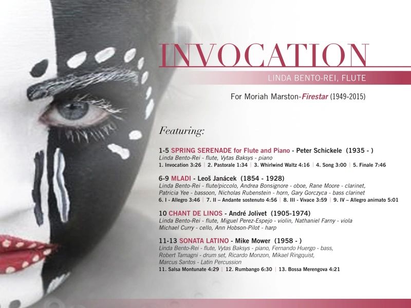 Album cover for Invocation by Linda Bento-Rei with face art and tracklisting.