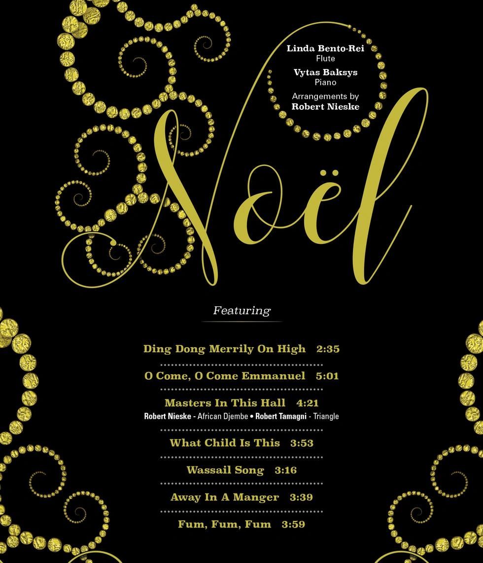 Elegant Noël music album cover featuring flute and piano arrangements.