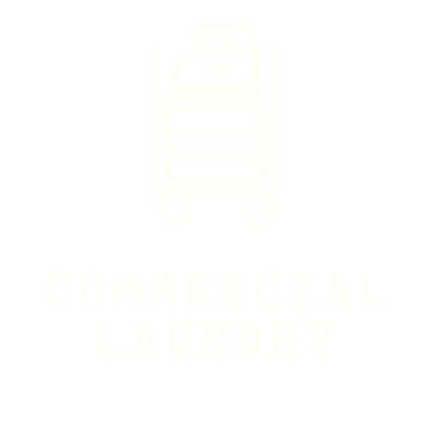 Logo of commercial laundry with stacked towels on a cart.