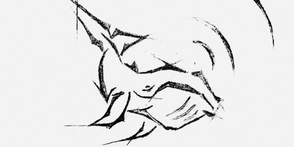 Abstract black ink drawing with dynamic, sharp lines on white background.