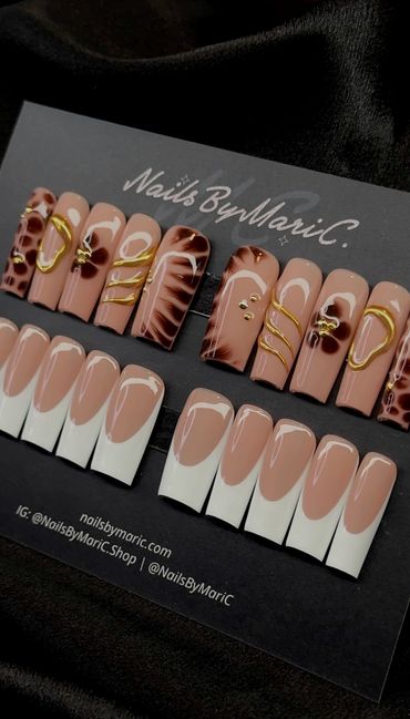 Elegant nude and animal print nail designs with gold accents and classic French tips.