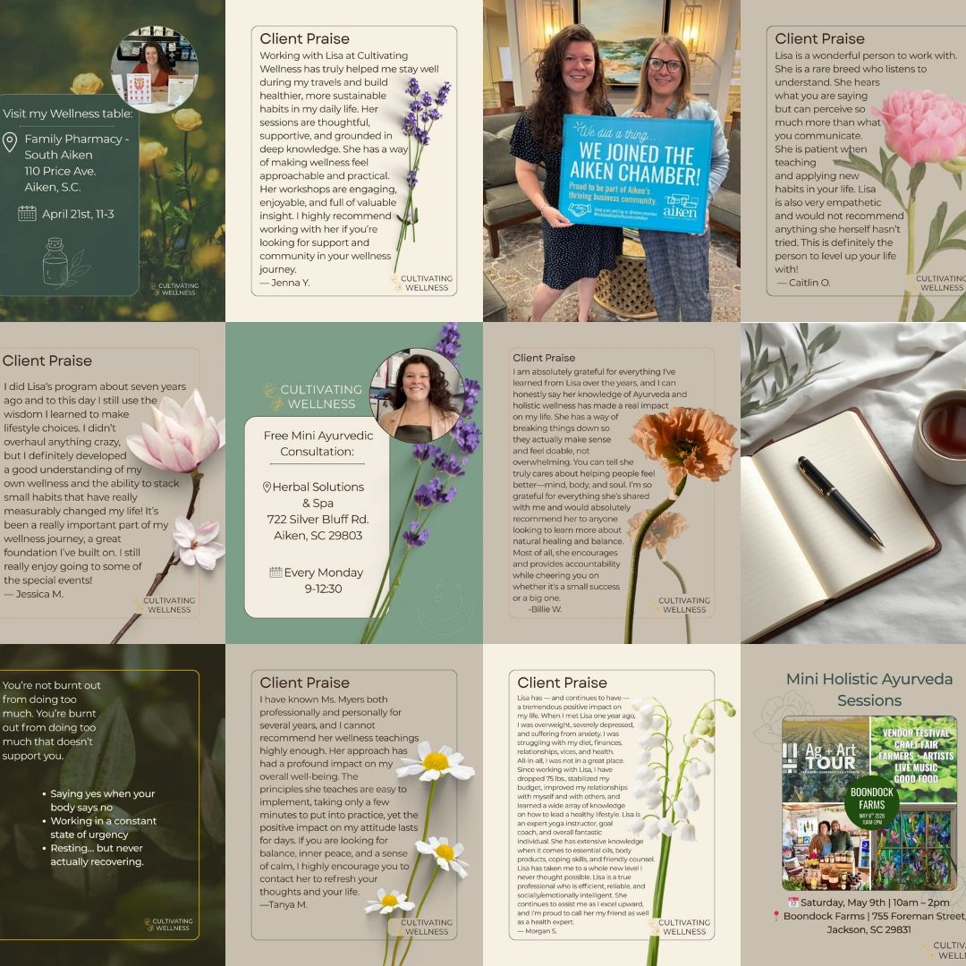 Collage showcasing wellness client praises, event details, and holistic Ayurveda sessions with floral designs, social media graphics.
