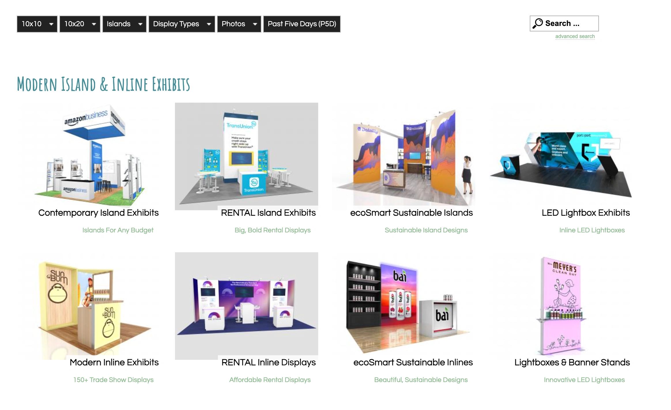 Various modern island and inline exhibit designs for trade shows and displays.