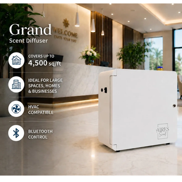 A sleek white Grand Scent Diffuser in a modern lobby setting with key features listed.