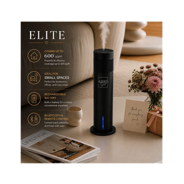 Elite air purifier covers 600 sq ft, rechargeable, Bluetooth-enabled for small spaces.