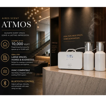 A sleek Aires Scent Atmos diffuser designed for large spaces, blending elegance and technology.