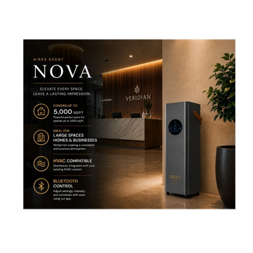 Aires Scent Nova air purifier for large spaces with Bluetooth control and HVAC compatibility.