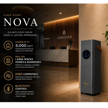 Aires Scent Nova air purifier for large spaces with Bluetooth control.