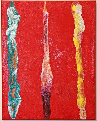 Abstract painting with three vertical textured lines on red background.