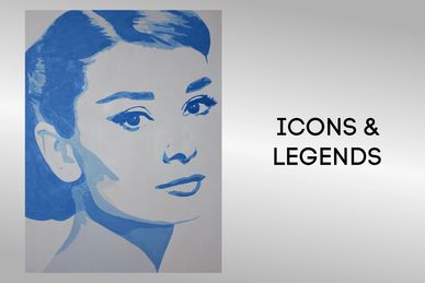 Blue-toned portrait of a woman next to text 'ICONS &amp; LEGENDS'.