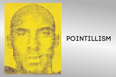 Pointillism artwork of a face on yellow background.