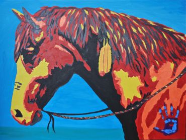 Colorful abstract horse painting with a blue handprint.