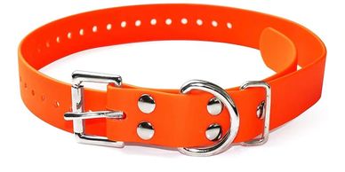 Bright orange dog collar with metal buckle and ring.