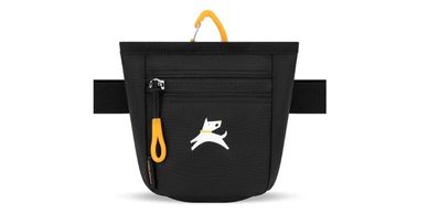Black pouch with a zipper and a dog logo.