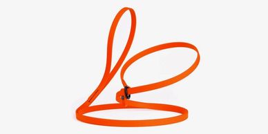 Orange dog harness shaped like a bunny ear.
