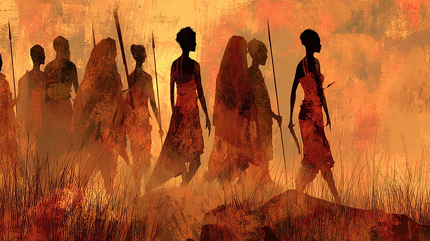 Silhouetted figures carrying spears in a fiery, textured landscape.