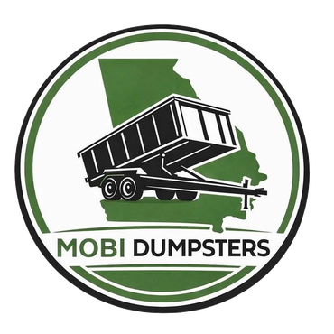 Mobi Dumpsters logo with a dump trailer over the outline of Georgia.
