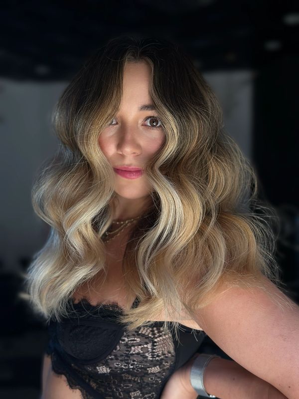 Golden dimensional balayage on dark hair, Dark hair balayage