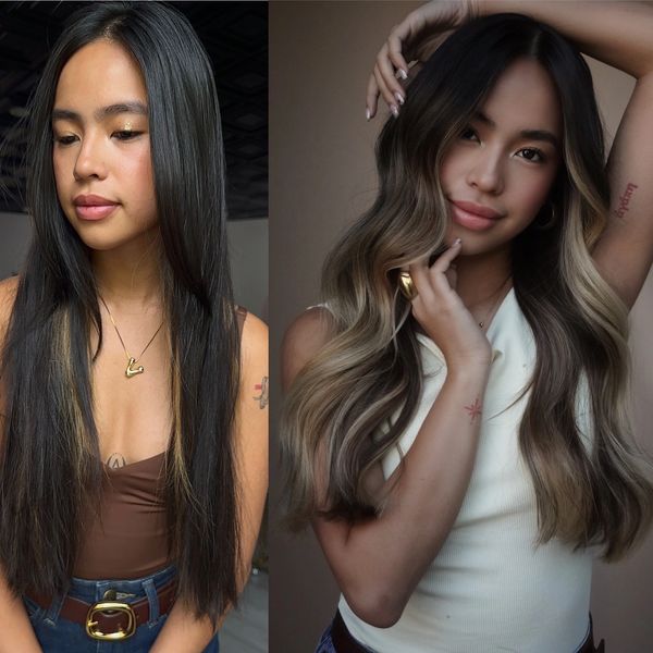Blonde balayage on natural brunette hair, sun-kissed asian hair.
