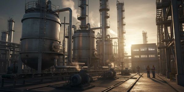 Industrial refinery complex at sunset with workers.