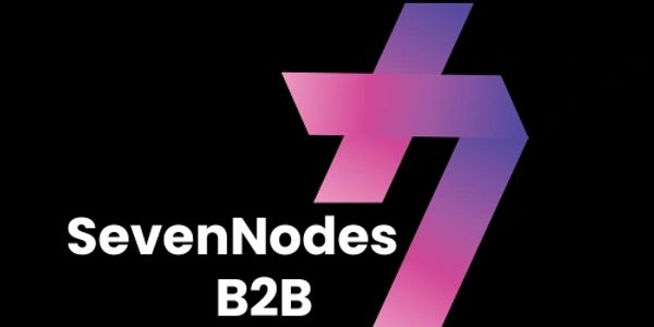 SevenNodes B2B logo with a pink and purple gradient on a black background.