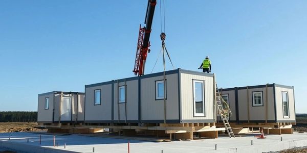 Crane lifting modular building units onto a foundation at a construction site.