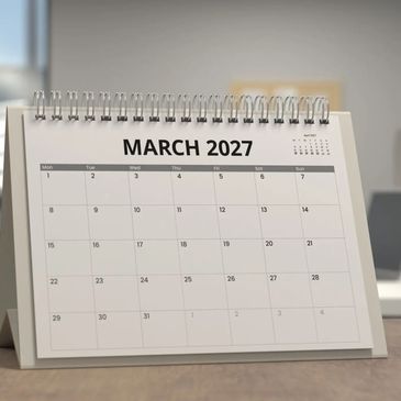 Desk calendar showing March 2027.
