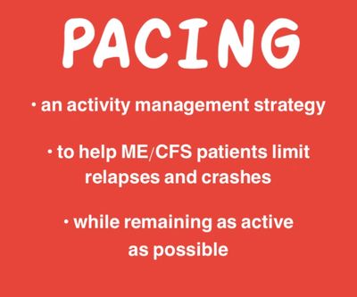 Red background describing how pacing is a form of activity management to prevent ME CFS relapses.